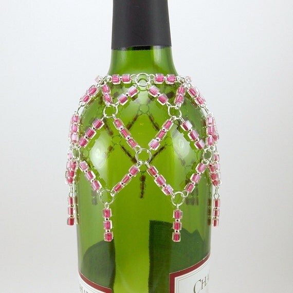 Items similar to Wine Bottle Necklace Beaded Lace Decor Cranberry
