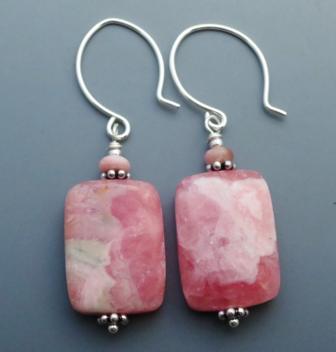 Rhodochrosite Gemstone Briolette Sterling Silver Earrings EE