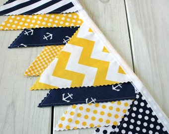 Bunting Banner, Photography Prop, Fabric Flags, Nautical Nursery Decor, Garland - Yellow, Navy Blue, Chevron, Anchors, Nautical, Dots