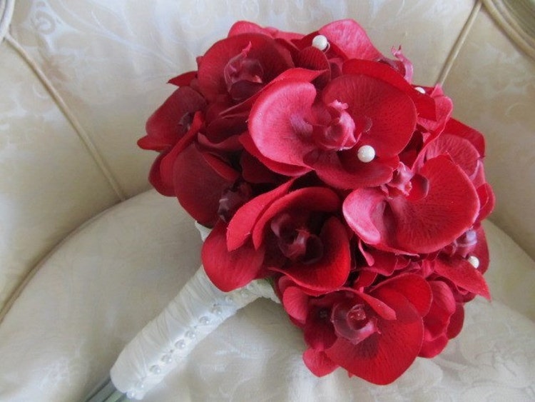 Red true touch orchid wedding bouquet with by MyFavorsandFlowers
