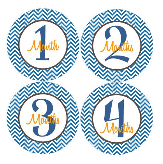 Baby Month Stickers Baby Boy Monthly Stickers Navy Blue Orange Chevron First Year Month Stickers Baby Shower Gift and Photo Prop Dylan Il_570xn
