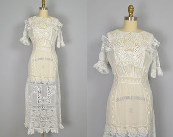 Antique 1910s dress / vintage tea dress / sheer Edwardian dress