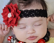 Red Flower Headband Red Flower on a Black Lace Headband All Sizes Great Photography Prop Christmas Holiday Classic. - il_214x170.500115132_tbph