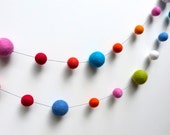 Polka Dot Garland -  large felt ball garland  in festive, bright colors --  blues, oranges, pink, red, white, and green - 7.5 ft long