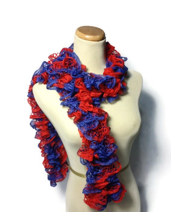 Team Colors Ruffle Scarf Hand Knit Scarf Red and Blue