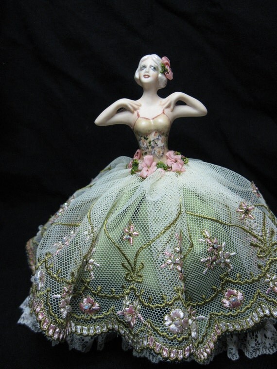 Porcelain Half Doll Pincushion Doll Dressed In Pink Peach