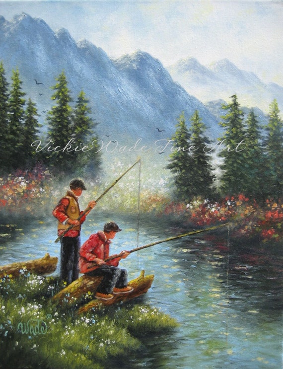 Two Brothers Fishing Original Oil Painting two boys fishing