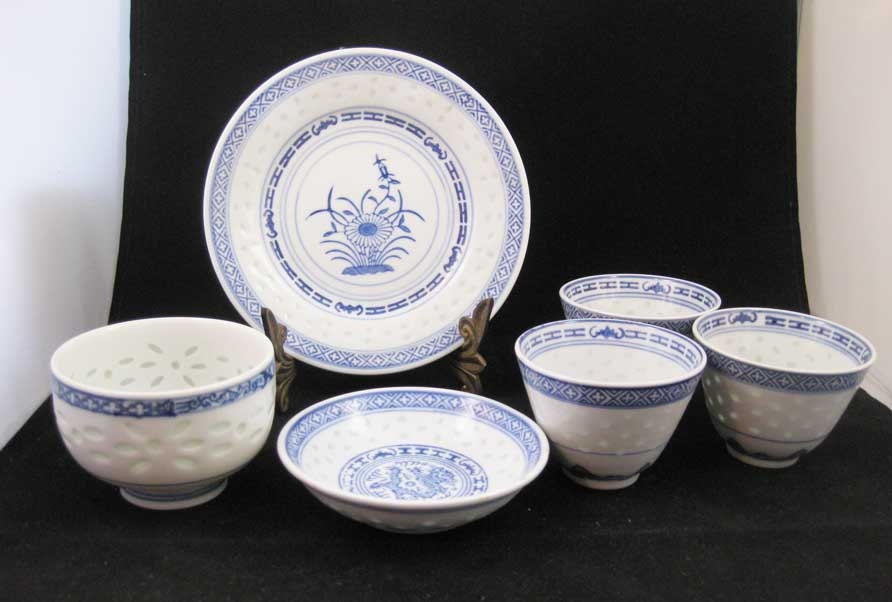 Chinese Blue & White Rice Grain Porcelain 6 PCS