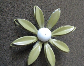 Vintage sage green enamel flower pin brooch with white center