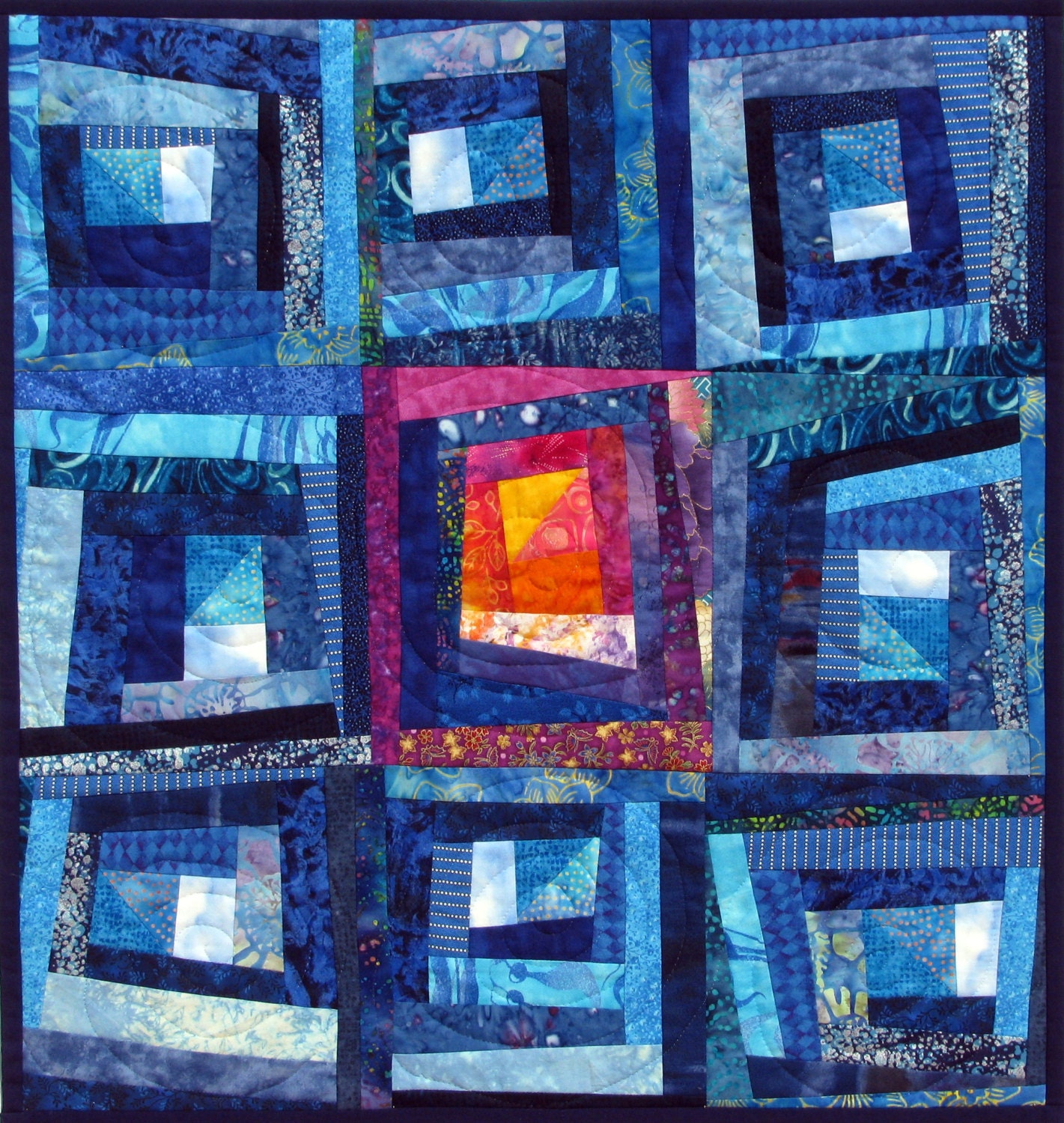 Wall Hanging Abstract Quilt Art Wonky Log Cabin Blue Patchwork