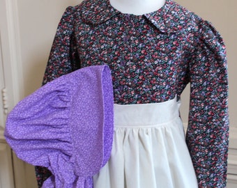 Girl's Simple Pioneer Dress w/ Half Apron and Bonnet Sizes 2-12