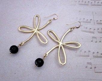 Black Bead Dangles -- Bow Earrings -- Gold & Black Bead Earrings -- Lava Earrings -- Gold Bow Earrings -- Lava Drops -- Lava Stone Earrings