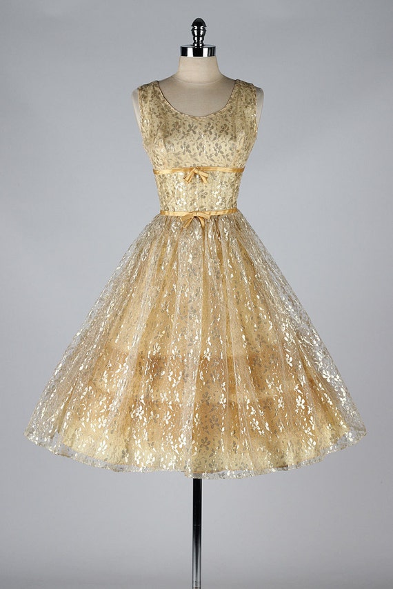 vintage 1950s dress . metallic gold lace . tulle cocktail