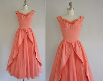 50s dress / 1950s peachy pink ball gown / vintage 1950s dress