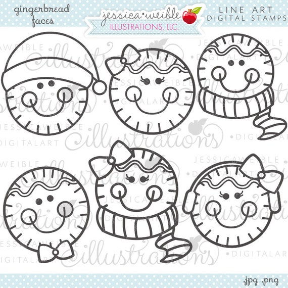 Gingerbread Faces Cute Christmas Digital Stamps for Commercial