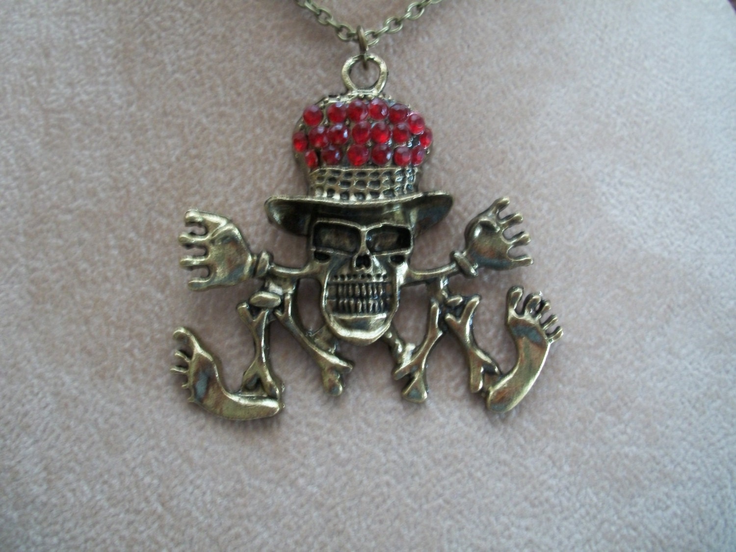 Top Hat Skelton Necklace Red Rhinestone Hat Skull Jewelry