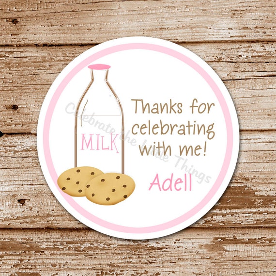 Set of 12 / Milk & Cookies Favor Tags, Stickers for Girls / Personalized (Pink) Il_570xn