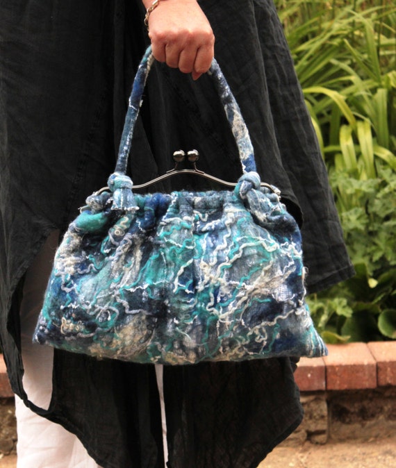 Blue handbag purse - Hand nuno felted linen and wool in blue white turquoise navy ...OOAK Art to Wear