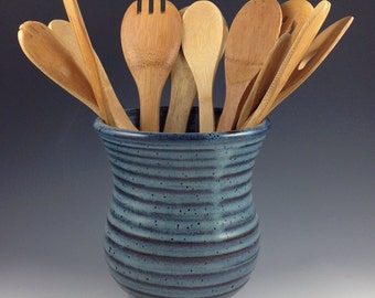 Utensil Jar, Pottery Spoon Jar, Large Utensil Crock in our Denim Blue Glaze, Kitchen Spoon Jar, In Stock and Ready to Ship