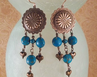 Rodeo Cowgirl Earrings - Aqua Howlite Turquoise Concho Dangles with Copper Earwires