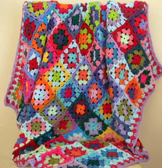 Crochet Afghan Blanket Rainbow CAROUSEL Granny Squares Bright Throw