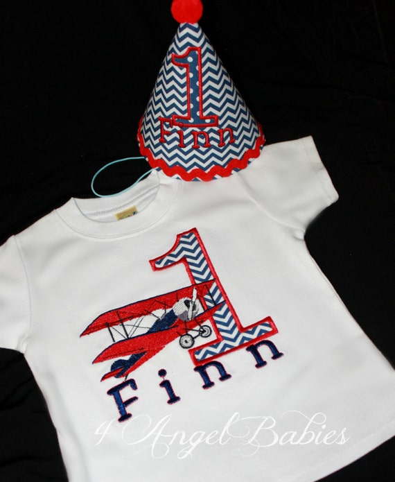 Vintage Navy Blue Dot or Chevron and Red BIPLANE Airplane Boys or Girls Birthday Applique Shirt or Body Suit with NAME Pick your Colors