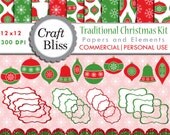 50% Off Sale Christmas Clipart Commercial Clip Art Paper Pack Red Green Glitter Frames Borders Traditional Christmas Digital Scrapbook Kit Il_170x135