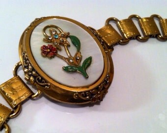 ANTIQUE Museum Quality Floral Rhinestones Enameled Medallion Mother of Pearl Bookchain Link Panel Bracelet Vintage Jewelry
