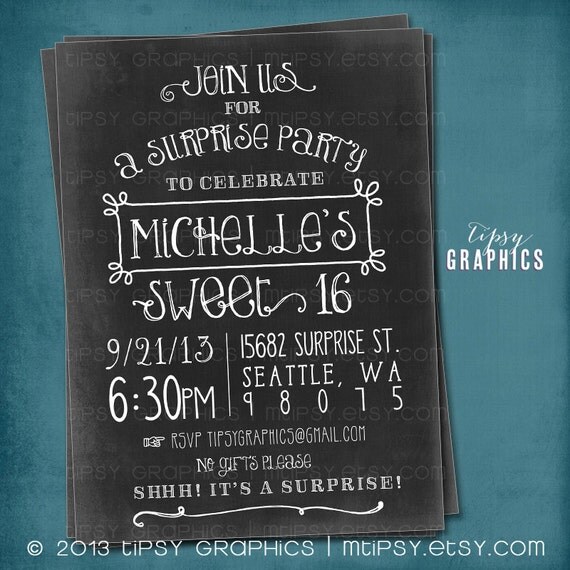 Fun Vintage Chalkboard Birthday Party Invite by Tipsy Graphics. Sweet 16. Surprise. Dirty 30. Bachelorette Party. Il_570xn