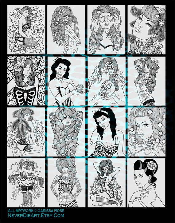 16 Page Black and White Adult Coloring Book Pin Up Girls
