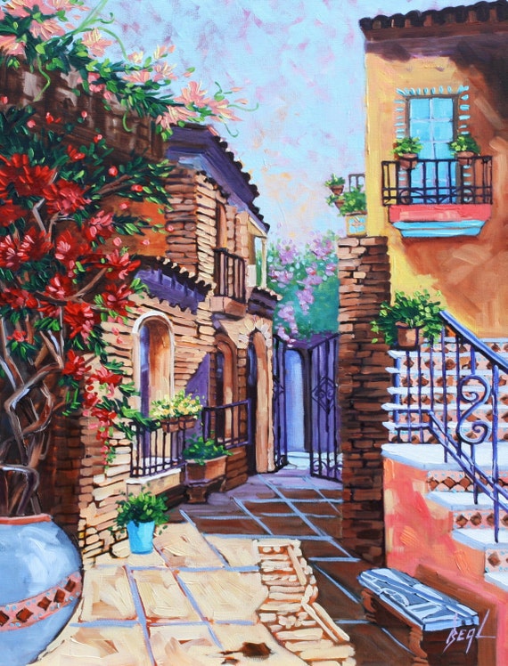 Original Art Scenic Spanish Courtyard Oil Painting Modern Art on Canvas ...