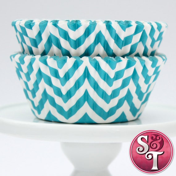 Aqua Blue GREASEPROOF Chevron Zigzag Baking Cups Cupcake Liners - Quantity 50 Il_570xn
