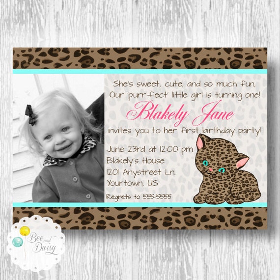 Leopard Kitten Invitation for Birthday Party or Baby Shower - Girls DIY Vintage Kitty Printable Photo Invite by BeeAndDaisy Il_570xn