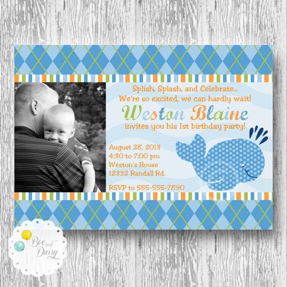 Blue Whale Printable Invitation for Birthday Party or Baby Shower Boys DIY Photo Invite by BeeAndDaisy Il_570xn