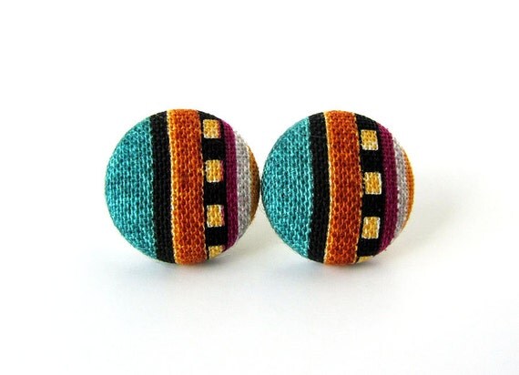 Ethnic earrings  ethnic studs  fabric button by KooKooCraft