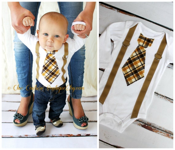 Baby Boy Tie and Suspenders Bodysuit. Tie Suspenders look is in. Mustache party idea. Cake Smash Birthday Outfit, Christmas Holiday Outfit by ChicCoutureBoutique