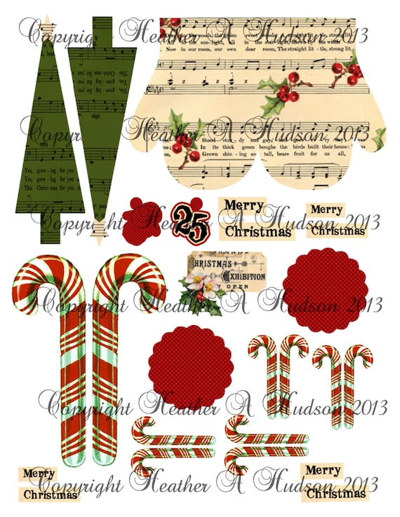 Vintage Mitten Candy Cane  Christmas Tree  tags Ornament  Digital Collage sheet Printable