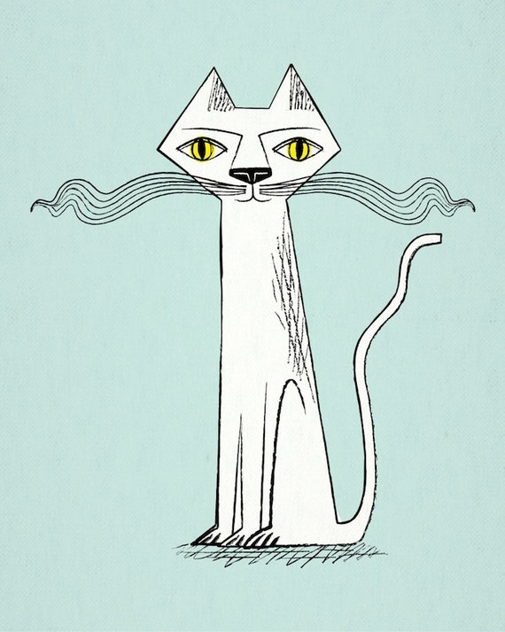 The Cat's Whiskers - Light Green - Limited Edition - Cat Animal Art Print by Oliver Lake - iOTA iLLUSTRATiON