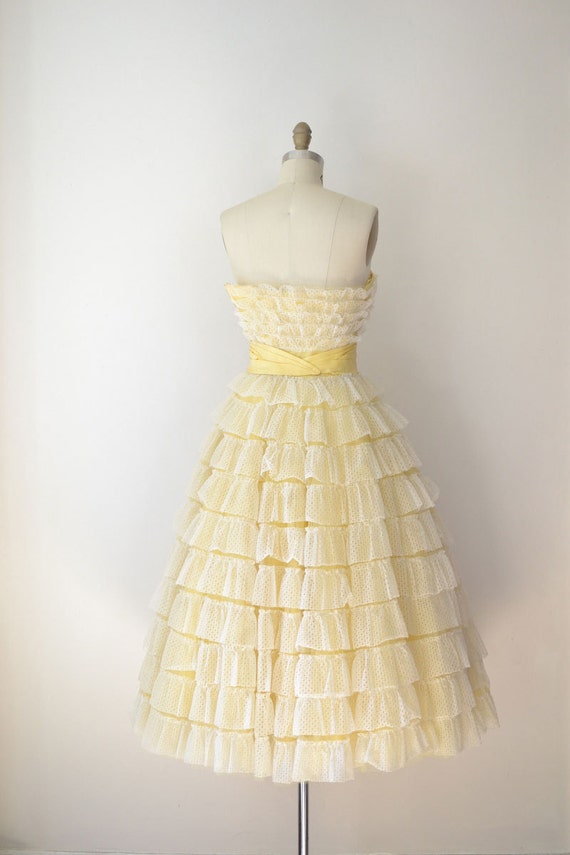 1950s Prom Dress / 50s Yellow Eyelet Party Dress