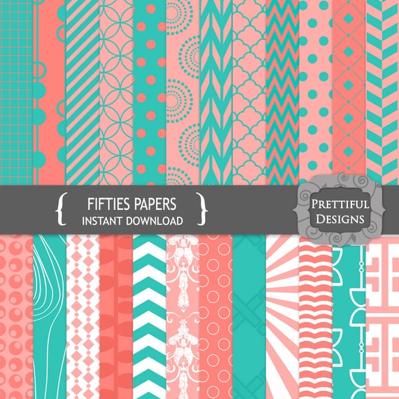 50% Off SALE Digital Paper Pack Turquoise and Pink CU Ok - Fifties (692)