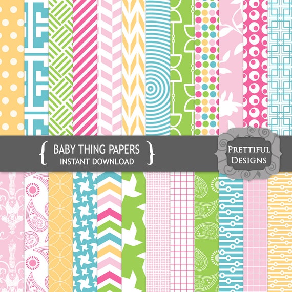 50% Off SALE Digital Background with Chevrons Damask and Polka Dot Pattern Paper - Baby Thing (694)