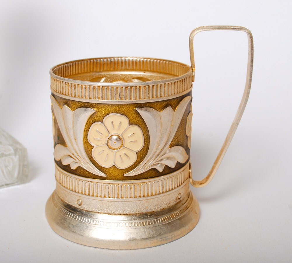 Vintage Russian aluminium tea glass holder, Enameled decor. Haute Juice