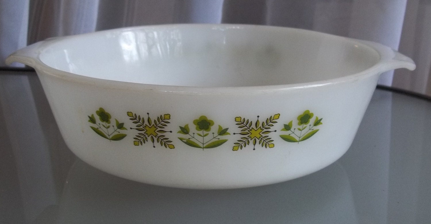 Fire King Casserole Dish Green Meadow Pattern Vintage