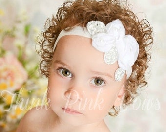 White Baby Headband, Baby headbands, Christening Headband, Baptism Headband,Newborn Headband, Baby girl Headband, Flower Headband,Hair Bow.