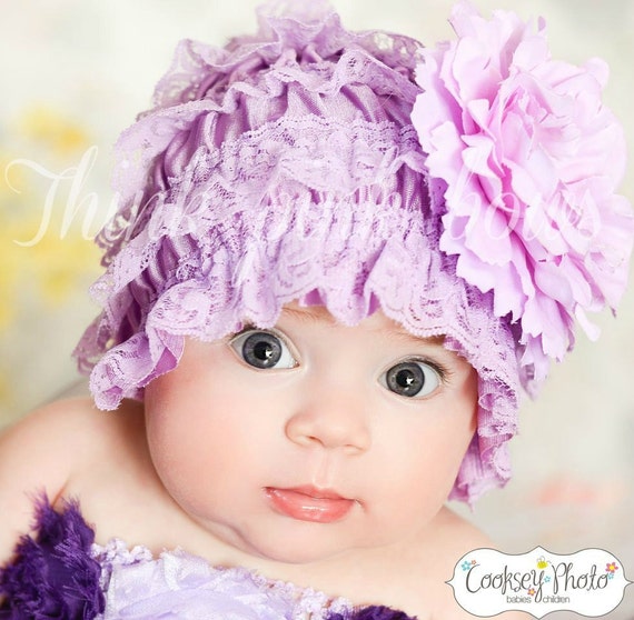 SALE Baby Lace hat bonnet, newborn infant baby girl lace hat bonnet, baby bonnet, Lavender lace hat M2M petti lace romper in our shop. by ThinkPinkBows