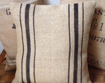 Vintage French Burlap Pillow Cover/Black Striped Grain Sack Pillow by sweet janes plan