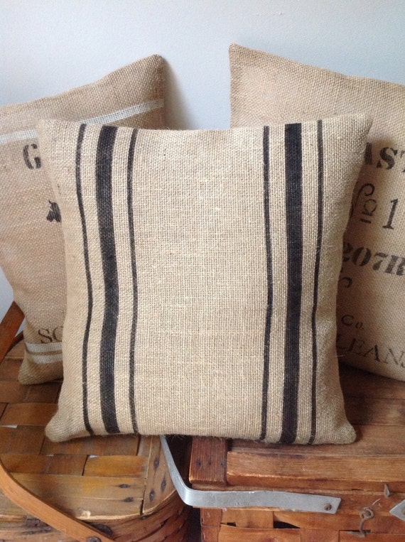 Vintage French Burlap Pillow Cover/Black Striped Grain Sack
