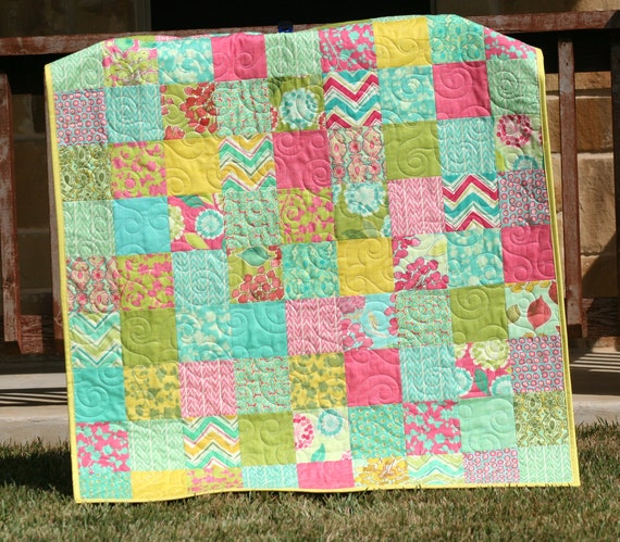 Spring House Baby Girl Quilt Pink Green Teal Aqua Yellow