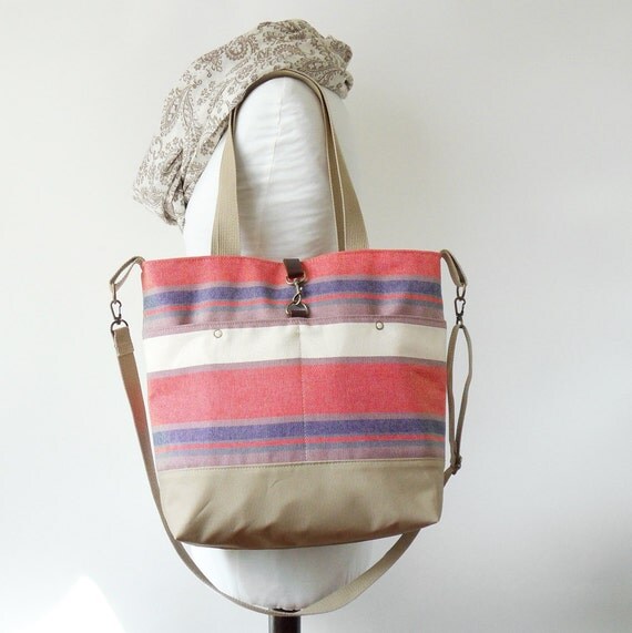 SALE 50% OFF. Multi color stripe canvas Tote / Shoulder Bag