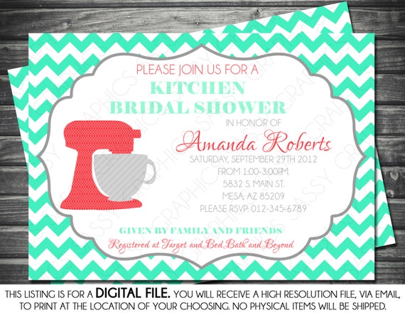 Kitchen Bridal Shower Invitation - Chevron, Polka Dots, Mint, Coral ...